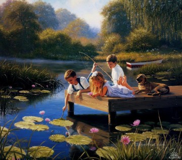 スイレンの池で遊ぶ子供たち Oil Paintings